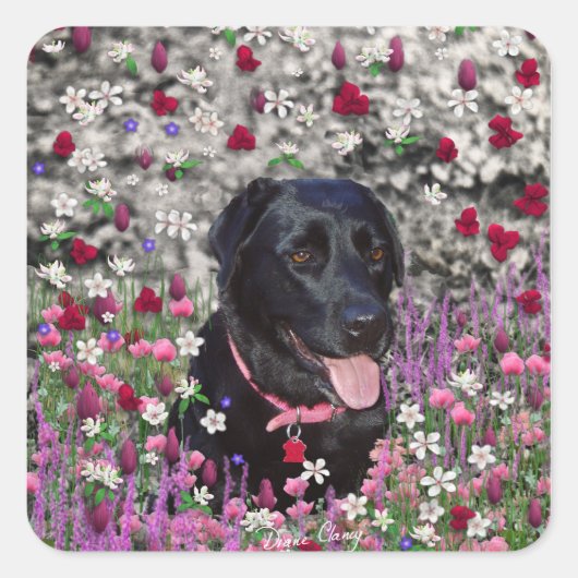Abby in bloemen - Black Lab Dog Vierkante Sticker (Voorkant)