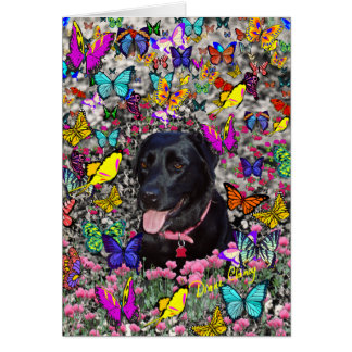 Abby in Butterflies-kaart - zwarte labrador