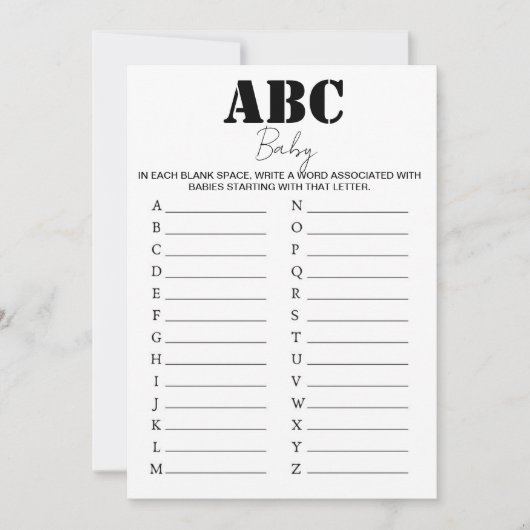 ABC Alphabet Baby shower Spel - B/W Kaart (Voorkant)