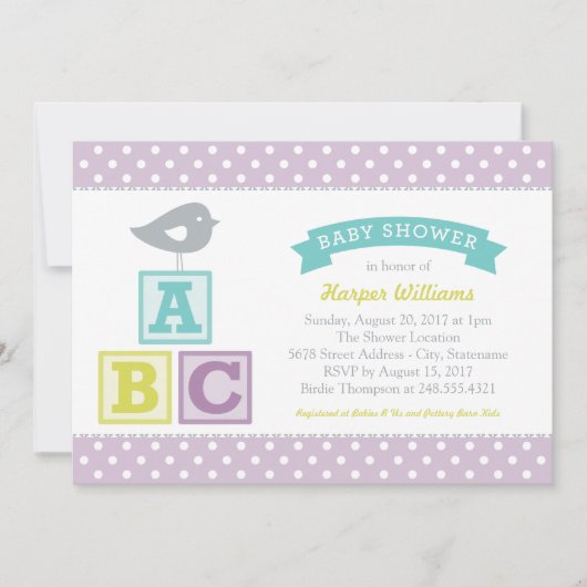 ABC Alphabet Blokken Lavender Paars Baby shower Kaart (Voorkant)