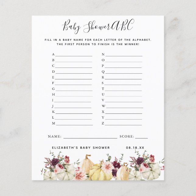 ABC Game | Baby shower van Floral Pumpkin (Voorkant)