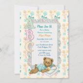 ABC Teddy Douche Uitnodiging - Perzik en Aqua (Voorkant)