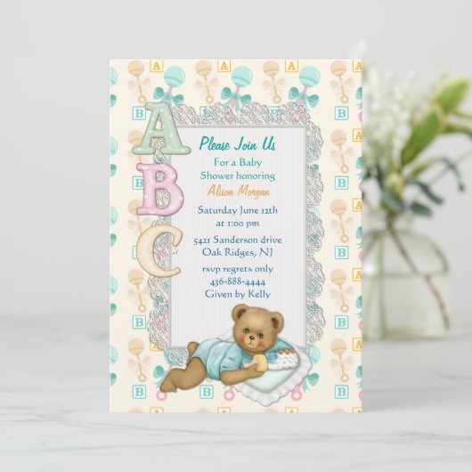 ABC Teddy Douche Uitnodiging - Perzik en Aqua (Staand voorkant)