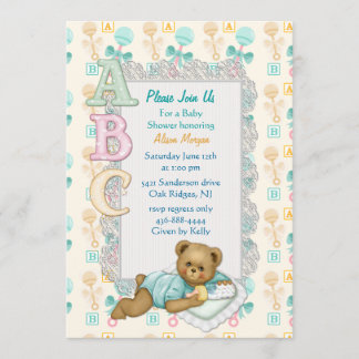 ABC Teddy Douche Uitnodiging - Perzik en Aqua