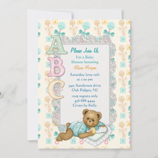 ABC Teddy Shower Invitation - Peach et Aqua (Devant)