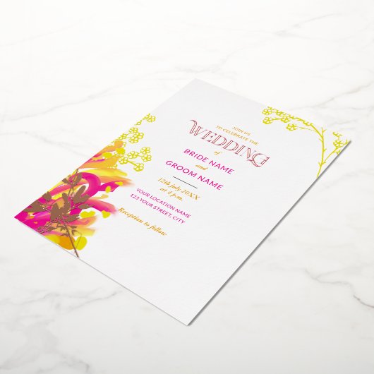 Abctract Roze en Sinaasappel Bloemen Bruiloft Folie Uitnodiging (Gedraaid)