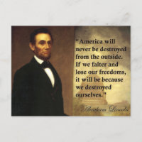 Abe Lincoln Quote: "Amerika zal nooit..."