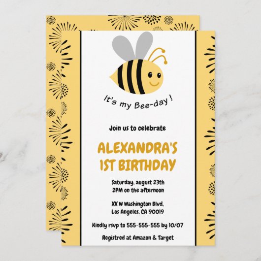 Abeille 1er anniversaire invitations Mignonne Mode (Devant / Derrière)