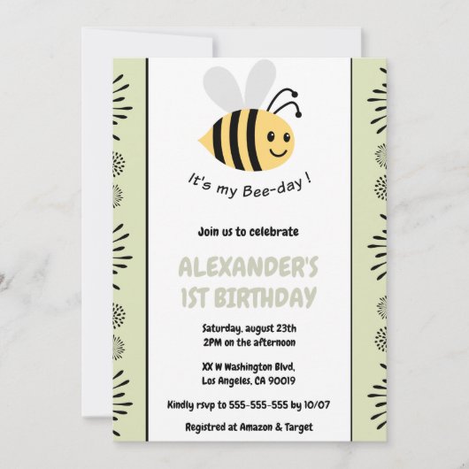 Abeille 1er anniversaire invitations Mignonne Mode (Devant)
