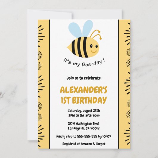 Abeille 1er anniversaire invitations Mignonne Mode (Devant)