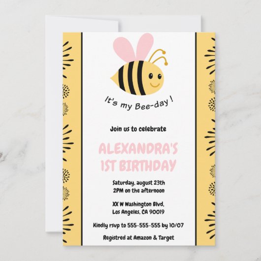 Abeille 1er anniversaire invitations Mignonne Mode (Devant)