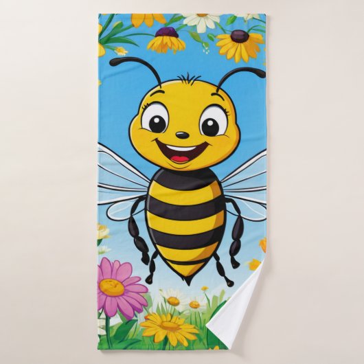Abeille de dessin animé fleurs colorées (Serviette de bain)