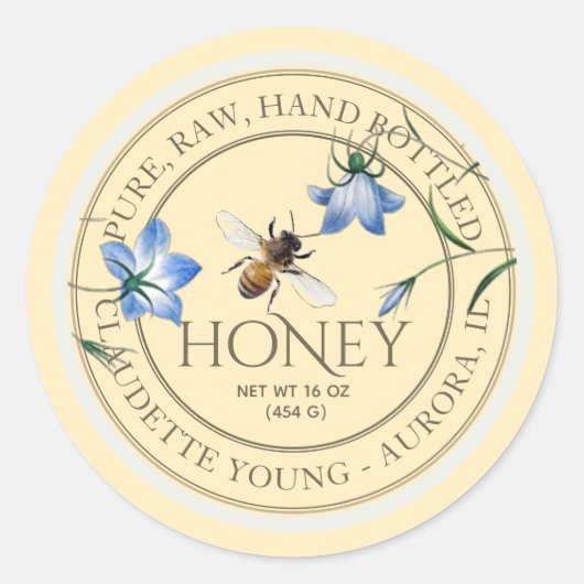 Abeille de miel et fleurs bleues Étiquette miel ja (Devant)