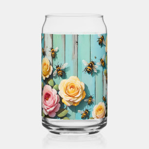 Abeilles affairées avec roses roses et jaunes sur