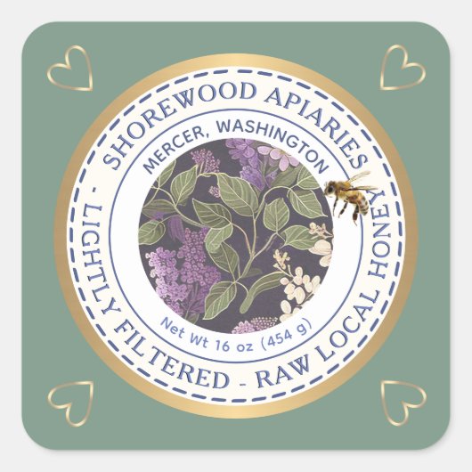 Abeilles et fleurs Étiquette miel avec coeur d'or (Devant)