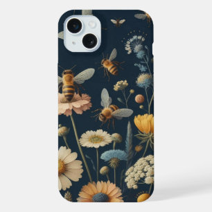 Abeilles et Fleurs Sauvages sur Fond Bleu Foncé