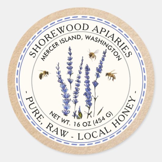 Abeilles et Lavender Étiquette miel avec frontière (Devant)