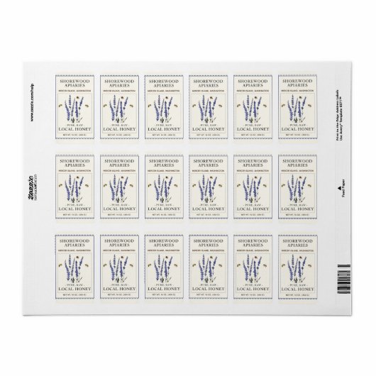 Abeilles et Lavender Mini Étiquette miel (Feuille entière)