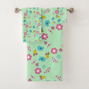 Abeilles, oiseaux et fleurs vert motif