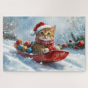 Abessijnse kat in slee laat het sneeuwen Kerstmis Legpuzzel