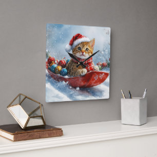 Abessijnse kat in slee Laat het sneeuwen Kerstmis Vierkante Klok