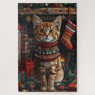 Abessijnse kat met kerstcadeaus open haard legpuzzel
