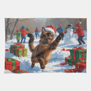 Abessijnse Katten Kerst Sneeuwscène Theedoek