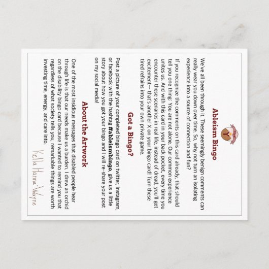 Ableism Bingo Kaart Handicap Editie Volume 2 (Achterkant)