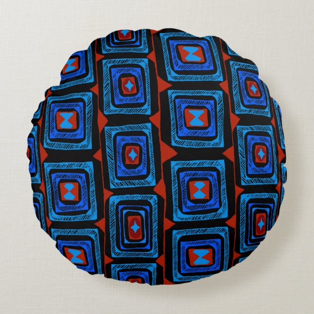 Aboriginal Squares - Red Turquoise Blue Rond Kussen (Voorkant)
