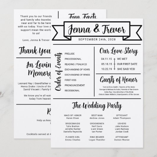 About Us Fun Minimalist Wedding Program Programma (Voorkant / Achterkant)