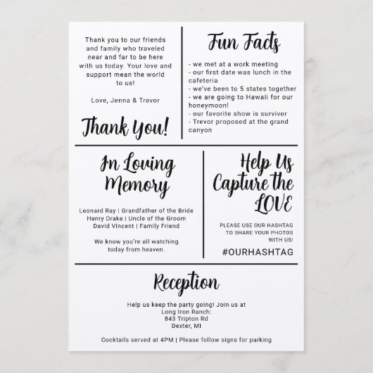 About Us Fun Minimalist Wedding Program Programma (Achterkant)