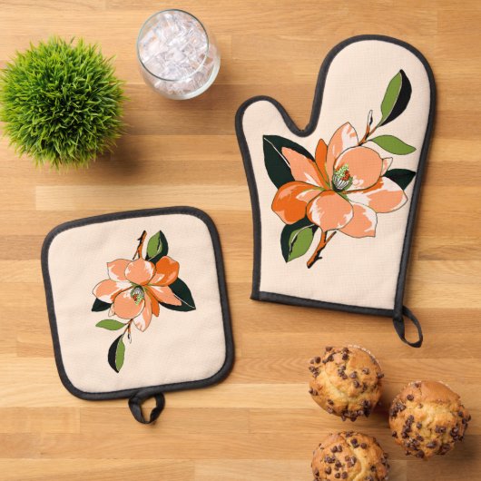 Abrikoos Azalea op Crème Ovenwant & Pannenlap Set (Top down)