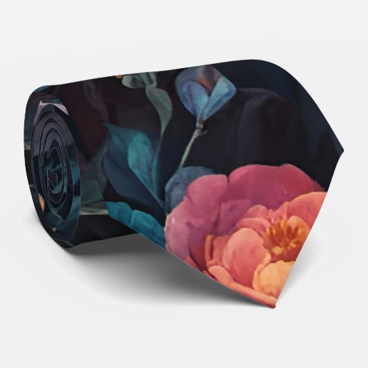 Abrikoos Blauwgroen Bloementuin Kunst Stropdas (Opgerold)