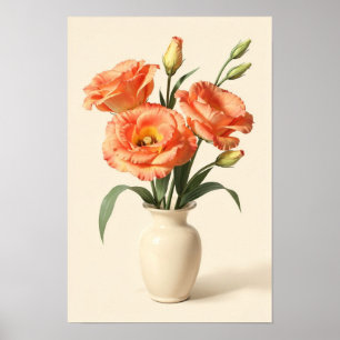 Abrikoos Lisianthus in Crème Vaas Bloemen Poster