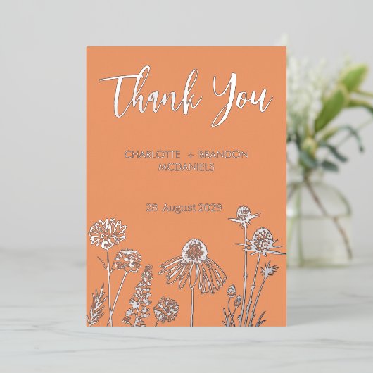 Abrikoos Wildbloemen Bruiloft Dank u Goud Folie Uitnodiging (Staand Voorkant)
