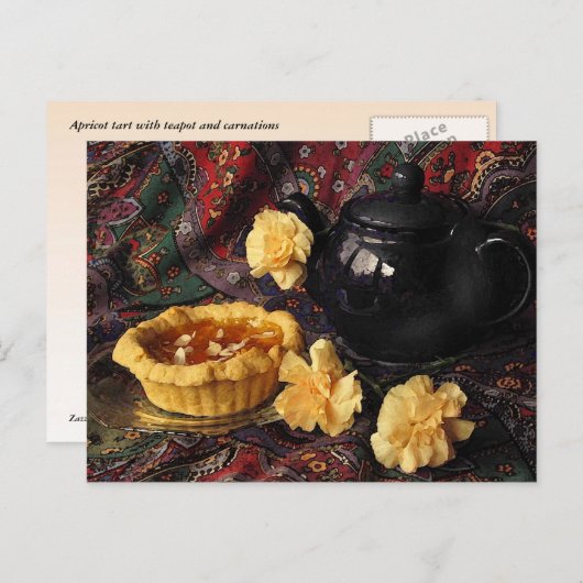 Abrikozen kunst met theepot en anjers briefkaart (Voorkant / Achterkant)