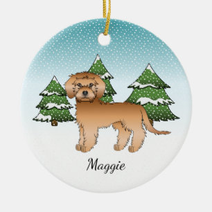 Abrikozen Mini Goldendoodle - Winterbos & Naam Keramisch Ornament