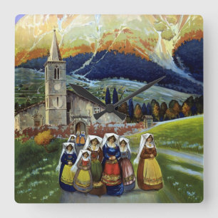 Abruzzo Italië Vintage Reisposter Kunst met Vrouwe Vierkante Klok