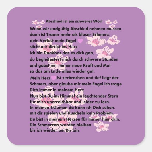 Abschieds Gedicht Vierkante Sticker (Voorkant)