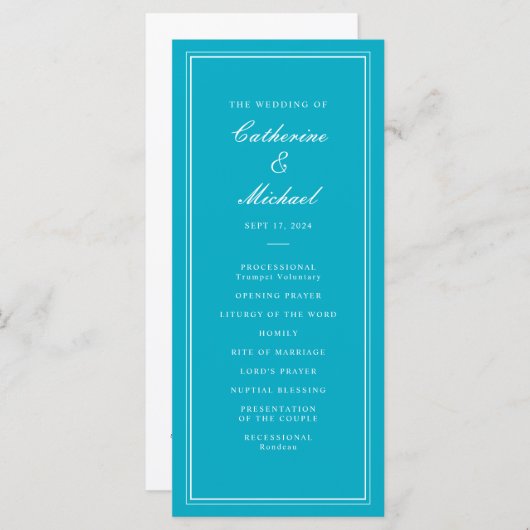 Absolute Klassiek Script Bright Aqua Bruiloft Programma (Voorkant / Achterkant)
