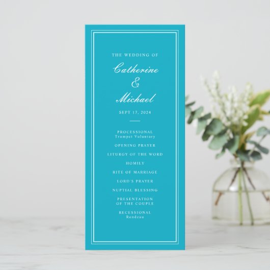 Absolute Klassiek Script Bright Aqua Bruiloft Programma (Staand voorkant)