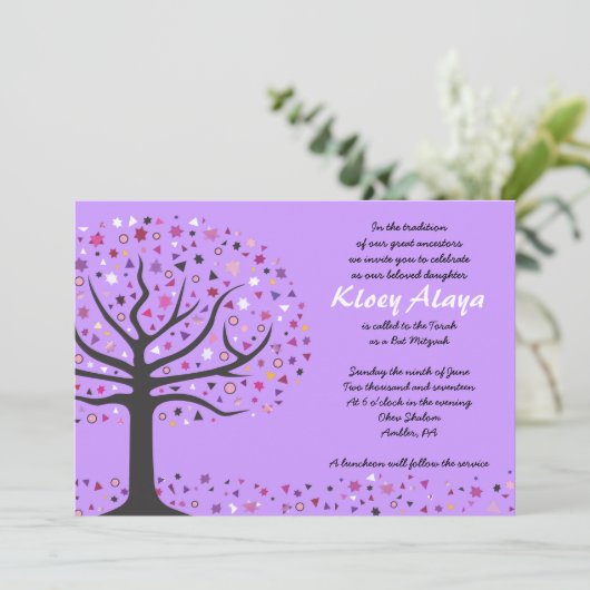 Abstact Arbre de vie Bat mitzvah Invitation Violet (Debout devant)