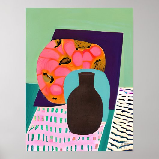 Abstact Vase en tabelinstelling in Aqua en Oranje Poster (Voorkant)