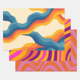 Abstract 70s Retro Sinaasappel Blauw Wavy Stripe P Inpakpapier Vel
