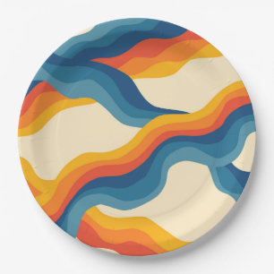 Abstract 70s Retro Sinaasappel Blauw Wavy Stripe P Papieren Bordje