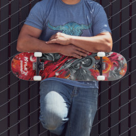 Abstract airbrush street art in reds and grays skateboard