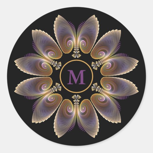 Abstract Angel Wings Mandala Fractal Monogram Ronde Sticker (Voorkant)