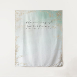 Abstract Aqua Ombre Fade met Mat Goud Glitter Wandkleed