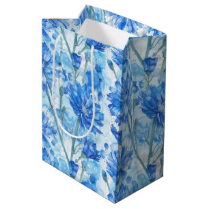 Abstract Aquarel Blauwe en Witte Bloemen Medium Cadeauzakje