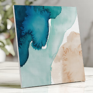 Abstract Aquarel Oceaanblauw en Zand Tegeltje